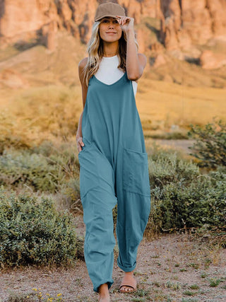 Double Take V-Neck Sleeveless Jumpsuit with Pockets-Dusty Blue-M-[option4]-[option5]-[option6]-[option7]-[option8]-Womens-Clothing-Shop
