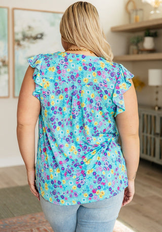 Lizzy Flutter Sleeve Top in Teal and Purple Floral-[option4]-[option5]-[option6]-[option7]-[option8]-Womens-Clothing-Shop