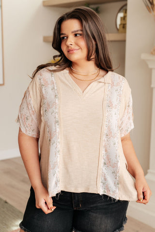 Mention Me Floral Accent Top in Toasted Almond-[option4]-[option5]-[option6]-[option7]-[option8]-Womens-Clothing-Shop