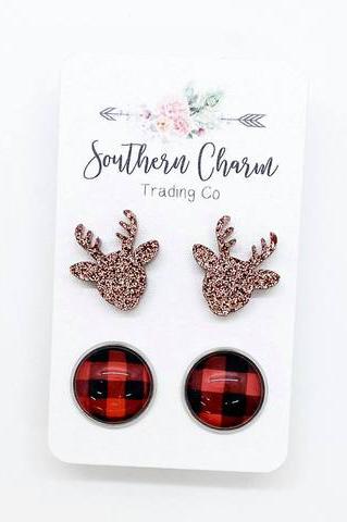 Reindeer & Red Buffalo Plaid in Stainless Steel Settings-[option4]-[option5]-[option6]-[option7]-[option8]-Womens-Clothing-Shop