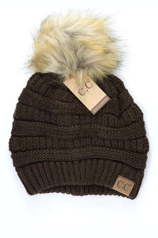 Adult Fur Pom CC Beanie-Brown-[option4]-[option5]-[option6]-[option7]-[option8]-Womens-Clothing-Shop