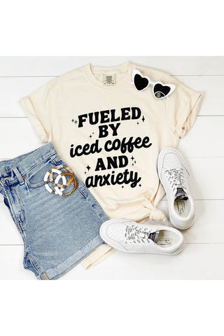 PREORDER: Fueled By Iced Coffee and Anxiety Graphic Shirt in White-[option4]-[option5]-[option6]-[option7]-[option8]-Womens-Clothing-Shop