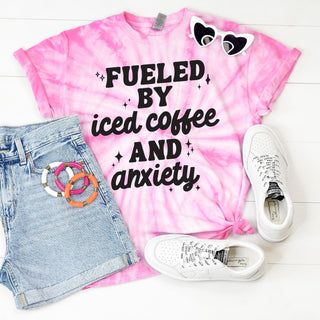 PREORDER: Fueled by Iced Coffee and Anxiety Graphic Shirt in Pink Tie Dye-[option4]-[option5]-[option6]-[option7]-[option8]-Womens-Clothing-Shop