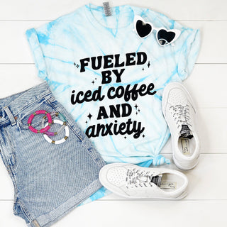PREORDER: Fueled by Iced Coffee and Anxiety Graphic Shirt in Turquoise Tie Dye-[option4]-[option5]-[option6]-[option7]-[option8]-Womens-Clothing-Shop