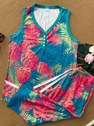 PREORDER: Sleeveless Pajamas in Tropical Leaf-[option4]-[option5]-[option6]-[option7]-[option8]-Womens-Clothing-Shop