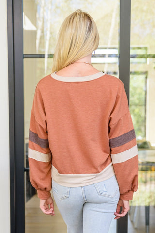 Back In Action Retro V-Neck Sweatshirt Top In Rust-[option4]-[option5]-[option6]-[option7]-[option8]-Womens-Clothing-Shop