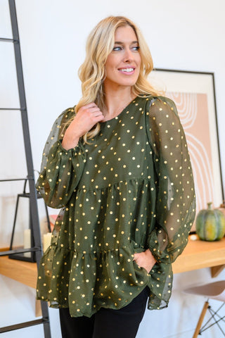 Coya Metallic Dot Tiered Blouse in Olive-[option4]-[option5]-[option6]-[option7]-[option8]-Womens-Clothing-Shop