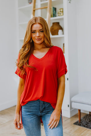 Easy Mornings V-Neck T-Shirt In Red-[option4]-[option5]-[option6]-[option7]-[option8]-Womens-Clothing-Shop