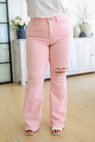 Feminine Flair Mid Rise Distressed Flares in Pastel Pink-[option4]-[option5]-[option6]-[option7]-[option8]-Womens-Clothing-Shop