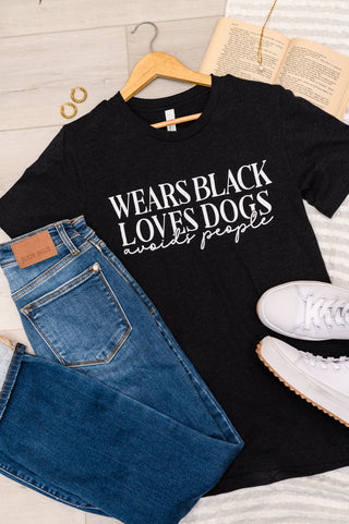 Wears Black, Loves Dogs Graphic Tee in Heather Black-[option4]-[option5]-[option6]-[option7]-[option8]-Womens-Clothing-Shop