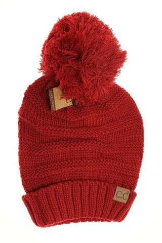 Solid Slouchy Pom CC Beanie-Red-[option4]-[option5]-[option6]-[option7]-[option8]-Womens-Clothing-Shop