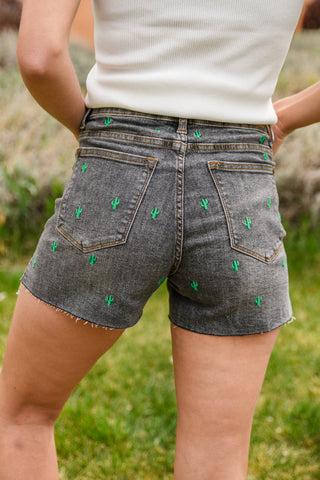 Hi-Waisted Cactus Embroidery Cutoffs-[option4]-[option5]-[option6]-[option7]-[option8]-Womens-Clothing-Shop