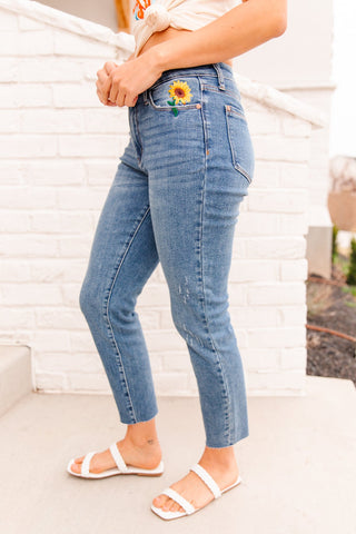 Hi-Rise Relaxed Sunflower Embroidery Jeans-[option4]-[option5]-[option6]-[option7]-[option8]-Womens-Clothing-Shop