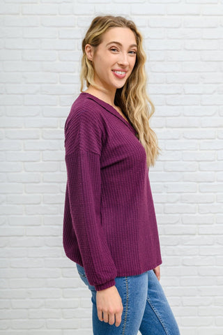 Long Sleeve Waffle Knit Top In Eggplant-[option4]-[option5]-[option6]-[option7]-[option8]-Womens-Clothing-Shop