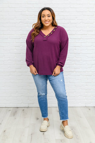 Long Sleeve Waffle Knit Top In Eggplant-[option4]-[option5]-[option6]-[option7]-[option8]-Womens-Clothing-Shop