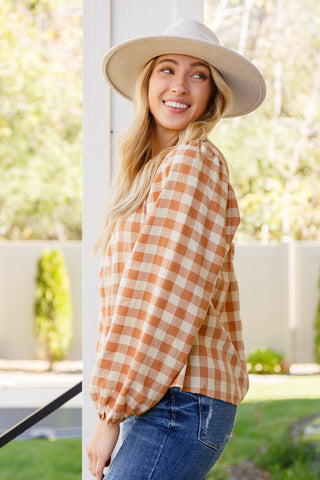 One Fine Afternoon Gingham Plaid Top In Caramel-[option4]-[option5]-[option6]-[option7]-[option8]-Womens-Clothing-Shop