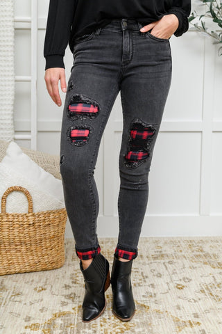 Plaid Peek-A-Boo Jeans in Charcoal-[option4]-[option5]-[option6]-[option7]-[option8]-Womens-Clothing-Shop