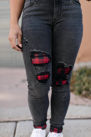 Plaid Peek-A-Boo Jeans in Charcoal-[option4]-[option5]-[option6]-[option7]-[option8]-Womens-Clothing-Shop