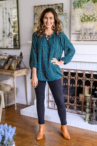 The Time Is Now Spotted Blouse In Teal-[option4]-[option5]-[option6]-[option7]-[option8]-Womens-Clothing-Shop