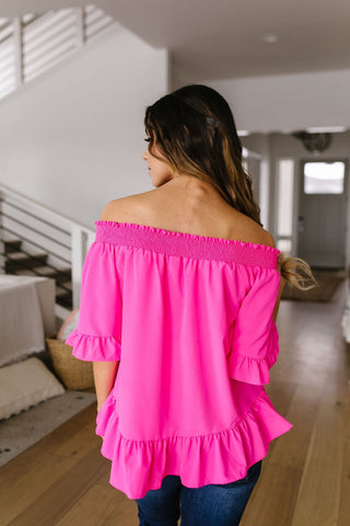 Tucks + Ruffles Off Shoulder Top In Carnation Pink-[option4]-[option5]-[option6]-[option7]-[option8]-Womens-Clothing-Shop