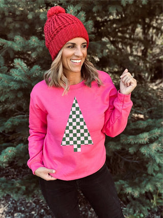 PREORDER: Checkered Christmas Tree Sweatshirt-[option4]-[option5]-[option6]-[option7]-[option8]-Womens-Clothing-Shop