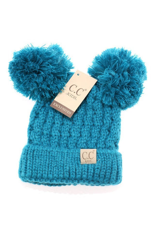 Kids Solid Double Pom CC Beanie-Teal-[option4]-[option5]-[option6]-[option7]-[option8]-Womens-Clothing-Shop