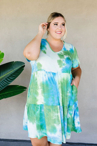 Tiered Tie Dye Dress In Turquoise & Green-[option4]-[option5]-[option6]-[option7]-[option8]-Womens-Clothing-Shop