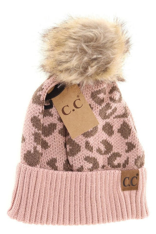 Leopard Pattern Fur Pom Beanie-Rose-[option4]-[option5]-[option6]-[option7]-[option8]-Womens-Clothing-Shop