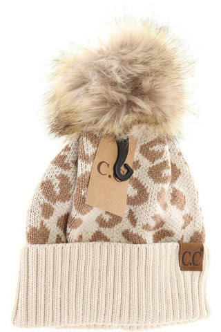 Leopard Pattern Fur Pom Beanie-Beige-[option4]-[option5]-[option6]-[option7]-[option8]-Womens-Clothing-Shop