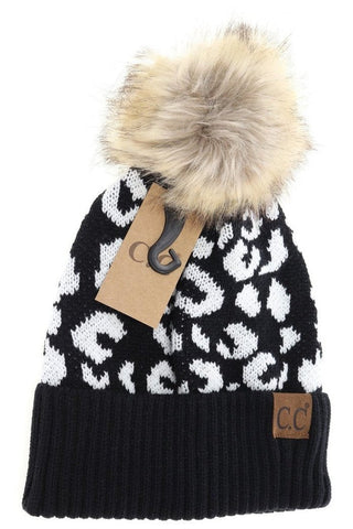 Leopard Pattern Fur Pom Beanie-Black-[option4]-[option5]-[option6]-[option7]-[option8]-Womens-Clothing-Shop