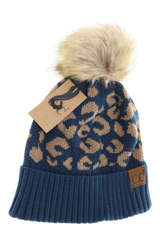 Leopard Pattern Fur Pom Beanie-Prussian Blue-[option4]-[option5]-[option6]-[option7]-[option8]-Womens-Clothing-Shop